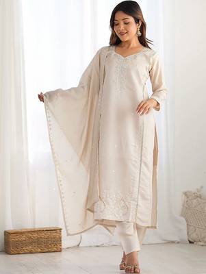 Women Ethnic Motifs Embroidered Regular Sequinned Pure Silk Kurta with Trousers & With Dupatta 1