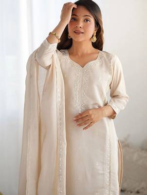 Women Ethnic Motifs Embroidered Regular Sequinned Pure Silk Kurta with Trousers & With Dupatta 6