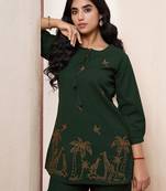 Embroidered Bottle Green Cotton Co Ords for Women