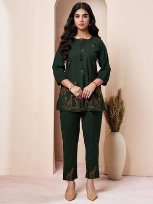 Embroidered Bottle Green Cotton Co Ords for Women 2