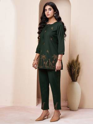 Embroidered Bottle Green Cotton Co Ords for Women 3