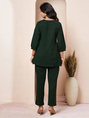 Embroidered Bottle Green Cotton Co Ords for Women 4