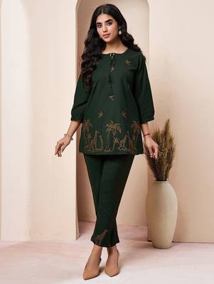 Embroidered Bottle Green Cotton Co Ords for Women 5