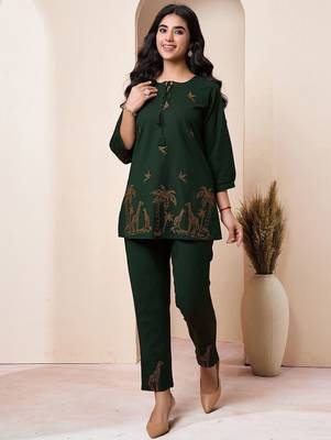 Embroidered Bottle Green Cotton Co Ords for Women 6