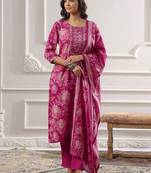 Women Floral Printed Regular Thread Work Kurta with Trousers & With Dupatta