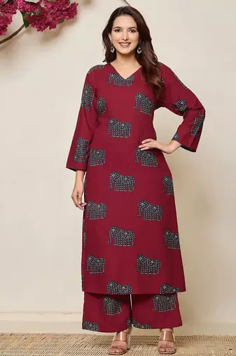 Printed Maroon Cotton Co Ords for Women