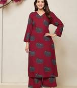 Printed Maroon Cotton Co Ords for Women