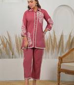 Weaving Red Cotton Blend Co Ords for Women