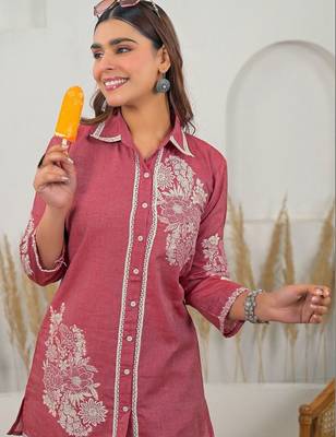 Weaving Red Cotton Blend Co Ords for Women 4