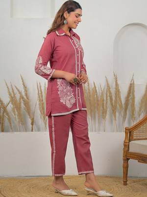 Weaving Red Cotton Blend Co Ords for Women 5