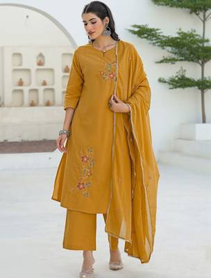 Women Mustard Viscose Rayon Embroidered Straight Kurta Trousers with Dupatta 1