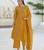 Women Mustard Viscose Rayon Embroidered Straight Kurta Trousers with Dupatta
