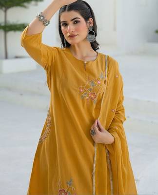 Women Mustard Viscose Rayon Embroidered Straight Kurta Trousers with Dupatta 2