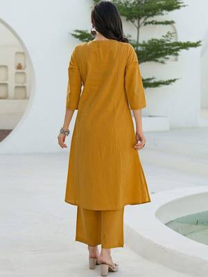 Women Mustard Viscose Rayon Embroidered Straight Kurta Trousers with Dupatta 3