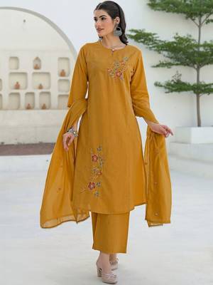 Women Mustard Viscose Rayon Embroidered Straight Kurta Trousers with Dupatta 4
