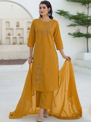 Women Mustard Viscose Rayon Embroidered Straight Kurta Trousers with Dupatta 5