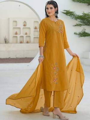 Women Mustard Viscose Rayon Embroidered Straight Kurta Trousers with Dupatta 6