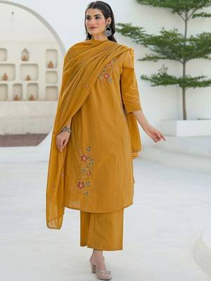 Women Mustard Viscose Rayon Embroidered Straight Kurta Trousers with Dupatta 7