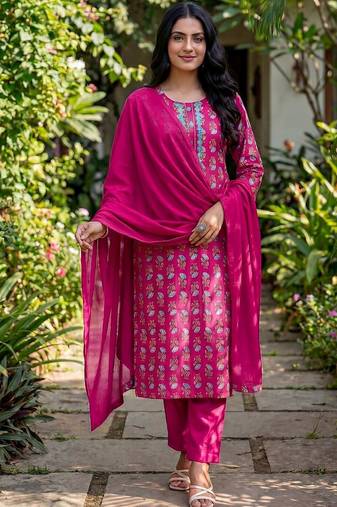 Women Ethnic Motifs Printed Regular Thread Work Kurta with Trousers & With Dupatta