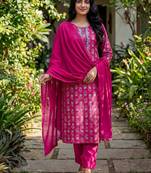 Women Ethnic Motifs Printed Regular Thread Work Kurta with Trousers & With Dupatta