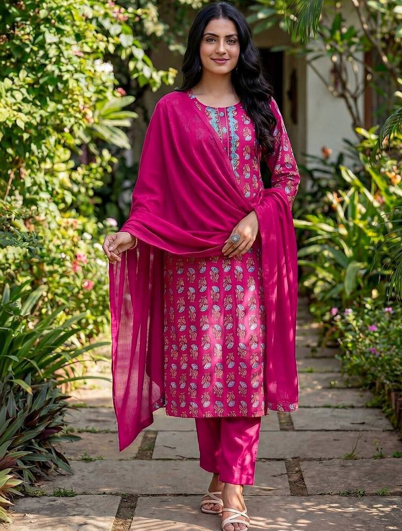 Women Ethnic Motifs Printed Regular Thread Work Kurta with Trousers & With Dupatta