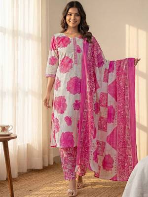 Women Floral Printed Regular Pure Cotton Kurta with Palazzos & With Dupatta 1