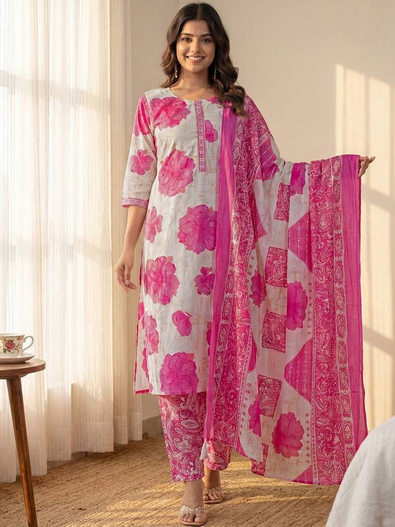 Women Floral Printed Regular Pure Cotton Kurta with Palazzos & With Dupatta