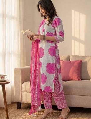 Women Floral Printed Regular Pure Cotton Kurta with Palazzos & With Dupatta 3