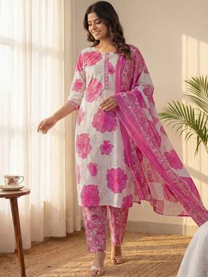 Women Floral Printed Regular Pure Cotton Kurta with Palazzos & With Dupatta 4