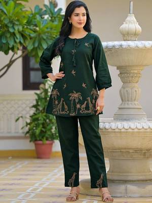 Embroidered Bottle Green Cotton Co Ords for Women 1