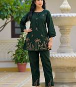 Embroidered Bottle Green Cotton Co Ords for Women