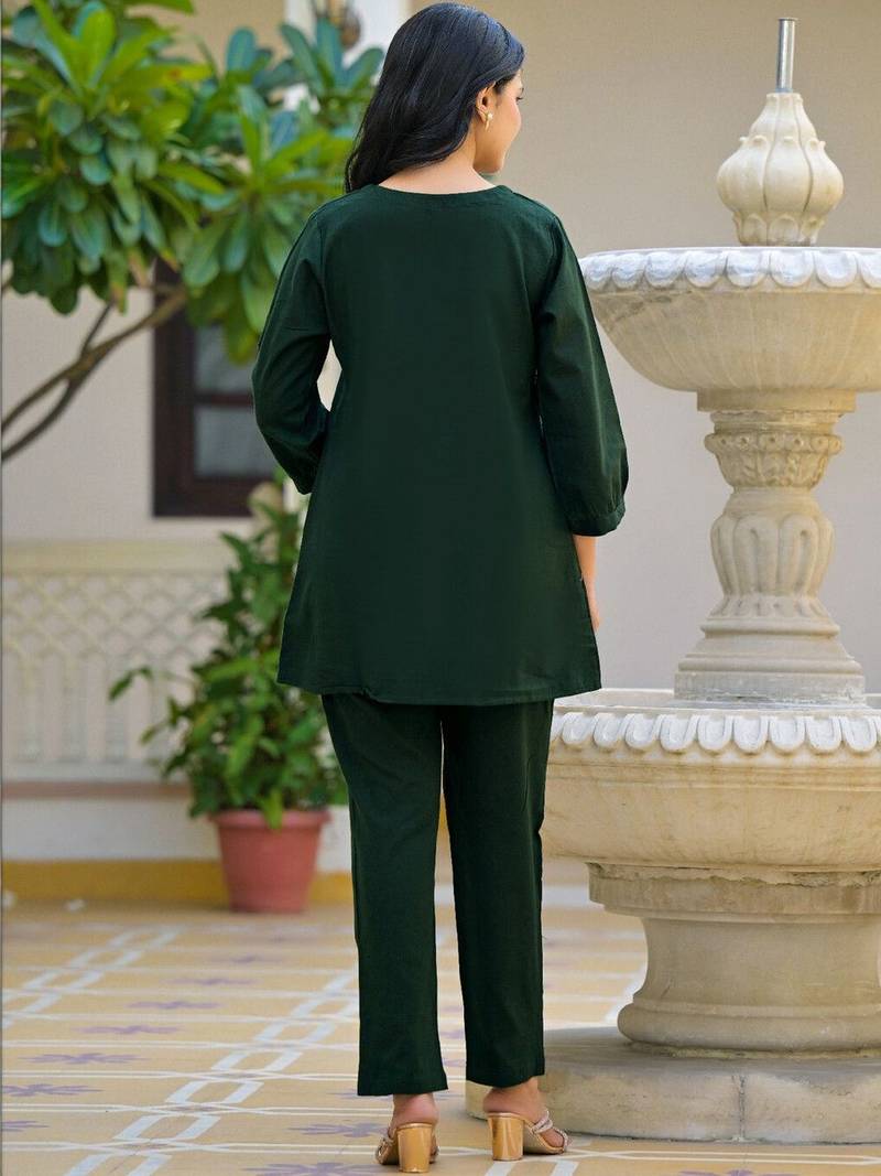 Embroidered Bottle Green Cotton Co Ords for Women