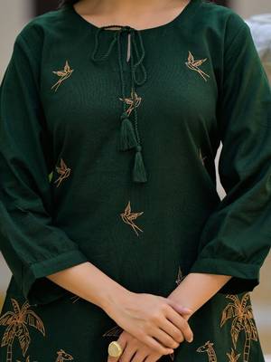 Embroidered Bottle Green Cotton Co Ords for Women 3