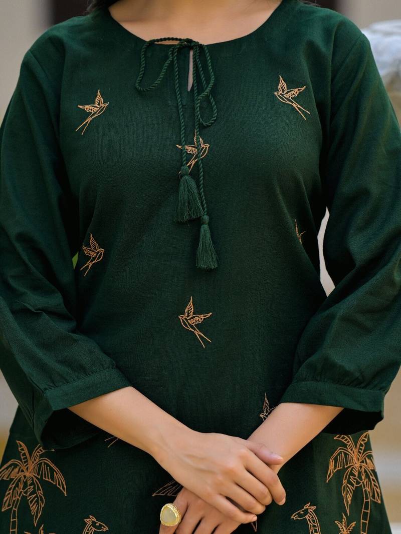 Embroidered Bottle Green Cotton Co Ords for Women