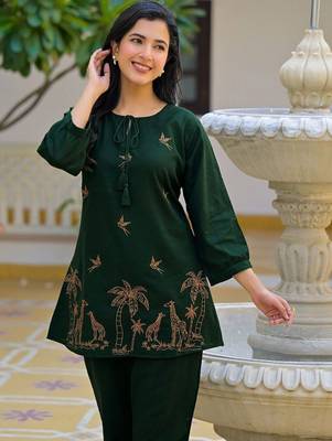 Embroidered Bottle Green Cotton Co Ords for Women 4