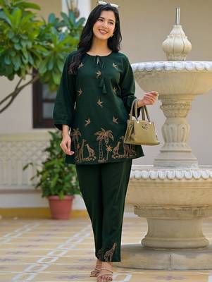 Embroidered Bottle Green Cotton Co Ords for Women 5