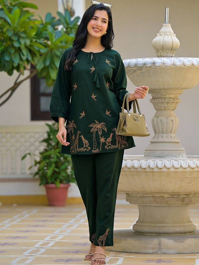 Embroidered Bottle Green Cotton Co Ords for Women