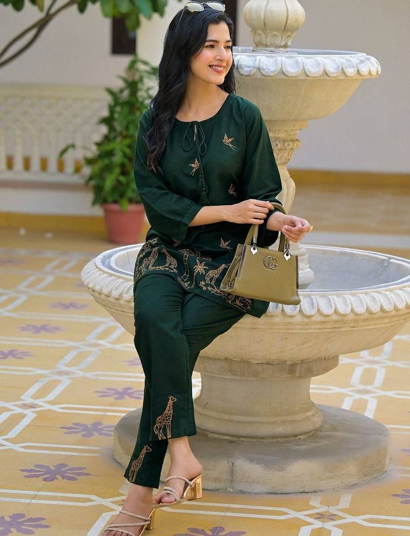 Embroidered Bottle Green Cotton Co Ords for Women