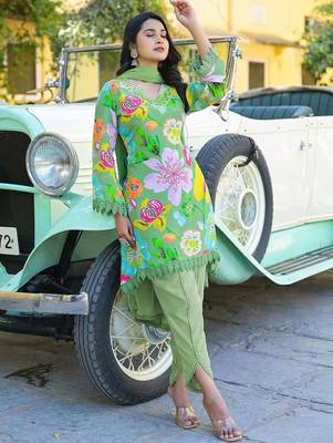 Women Floral Printed Regular Sequinned Silk Crepe Kurta with Harem Pants & With Dupatta 6
