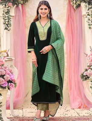 Women Regular Velvet Kurta with Trousers & With Dupatta 1