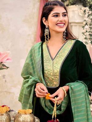 Women Regular Velvet Kurta with Trousers & With Dupatta 2