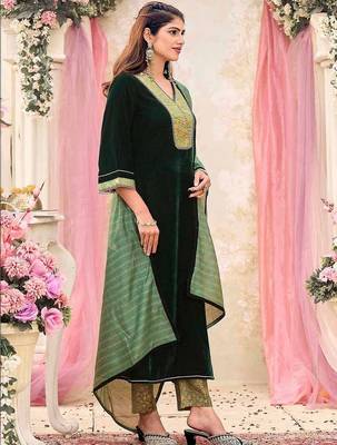 Women Regular Velvet Kurta with Trousers & With Dupatta 5