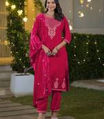 Women Ethnic Motifs Embroidered Regular Thread Work Velvet Kurta with Trousers & With Dupatta