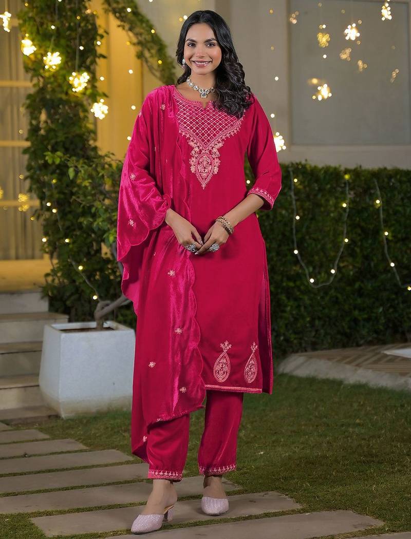 Women Ethnic Motifs Embroidered Regular Thread Work Velvet Kurta with Trousers & With Dupatta