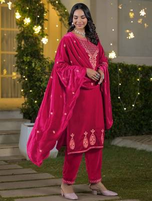 Women Ethnic Motifs Embroidered Regular Thread Work Velvet Kurta with Trousers & With Dupatta 4