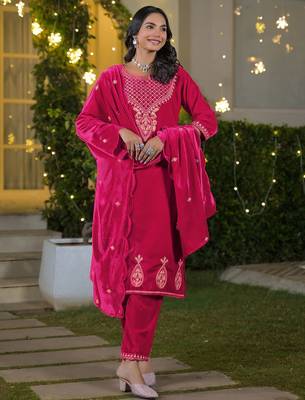 Women Ethnic Motifs Embroidered Regular Thread Work Velvet Kurta with Trousers & With Dupatta 5