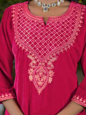 Women Ethnic Motifs Embroidered Regular Thread Work Velvet Kurta with Trousers & With Dupatta 6