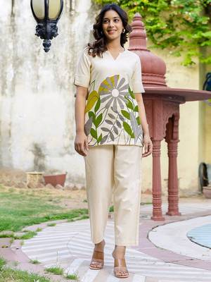 Printed Beige Cotton Co Ords for Women 1