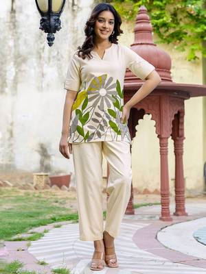 Printed Beige Cotton Co Ords for Women 5