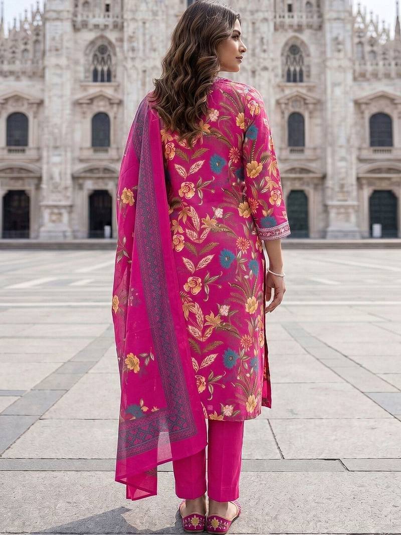 Women Floral Printed Regular Pure Cotton Kurta with Trousers & With Dupatta